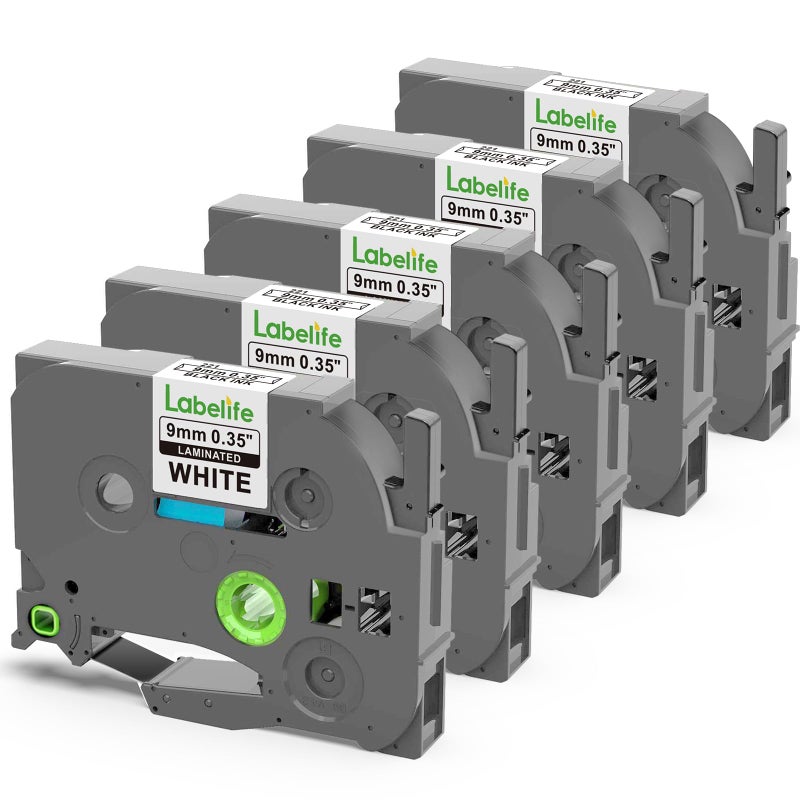 Labelife TZe-221 TZe221 Replacement for Brother P Touch Label Maker Tape 9mm TZe TZ Tape 9mm 0.35 Laminated White for Brother PT-D210 PT-D220 PT-D200 PT-H110 PT-D400 PT-D410, 3/8 Inch, 5-Pack - Image 1